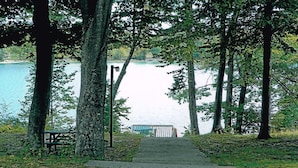 Un camí que porta a un moll al costat d'un llac, envoltat d'arbres.