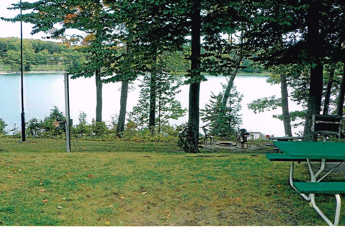 Un parque junto al lago con mesas de picnic y un banco.