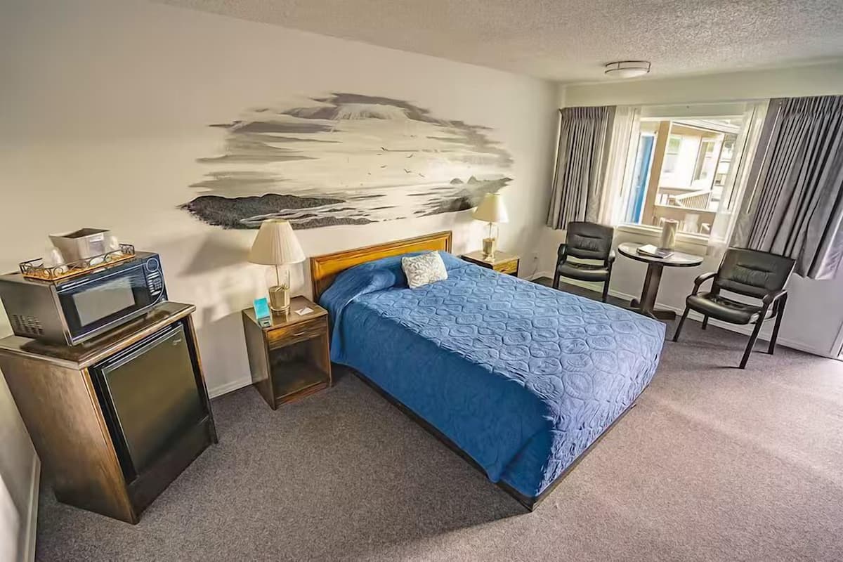 Una habitación de hotel con cama, escritorio, silla, televisor y un cuadro en la pared.