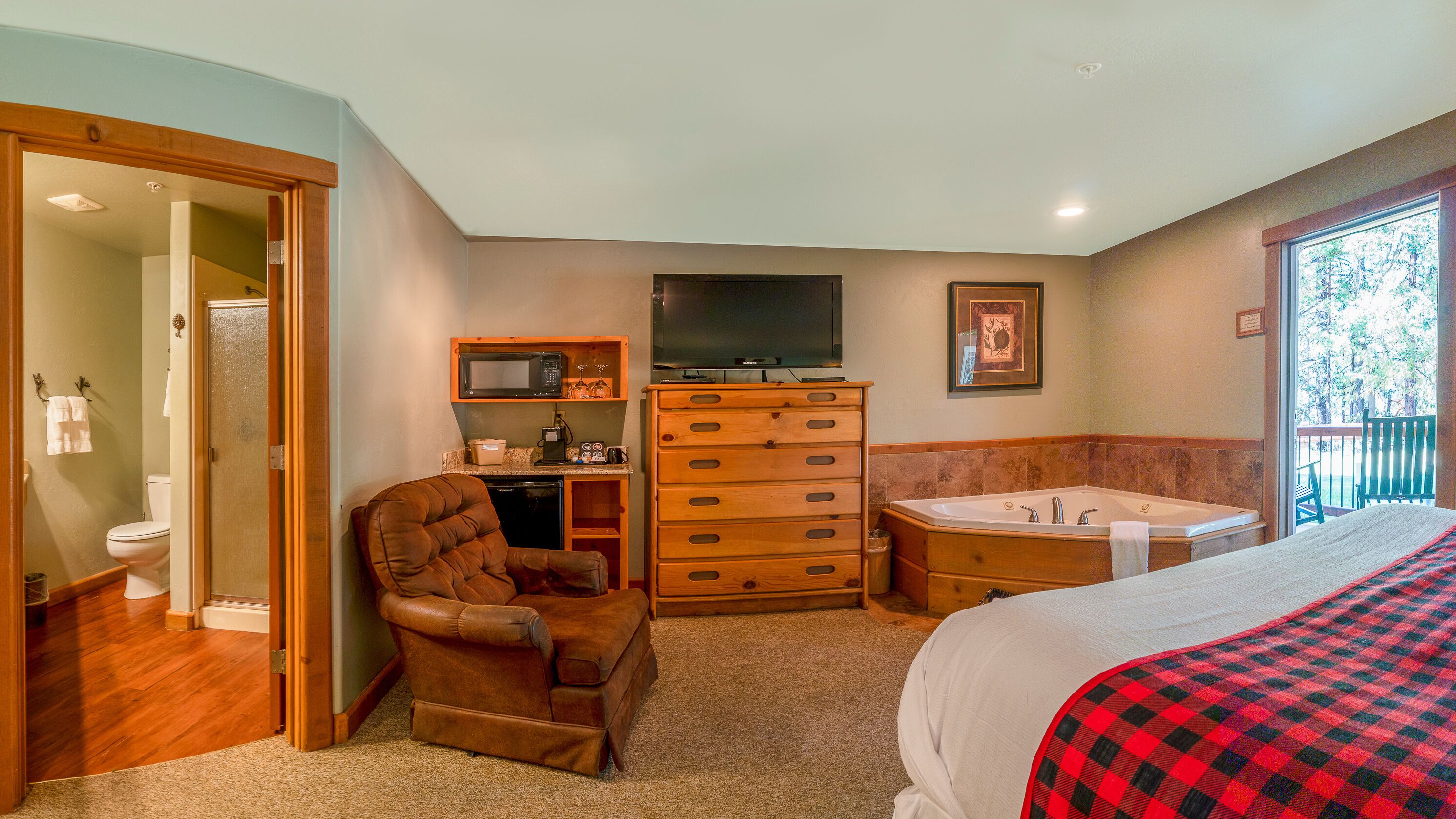 A bedroom with a bed, a large wooden dresser, a chair, a television, and a bathroom with a toilet and shower.