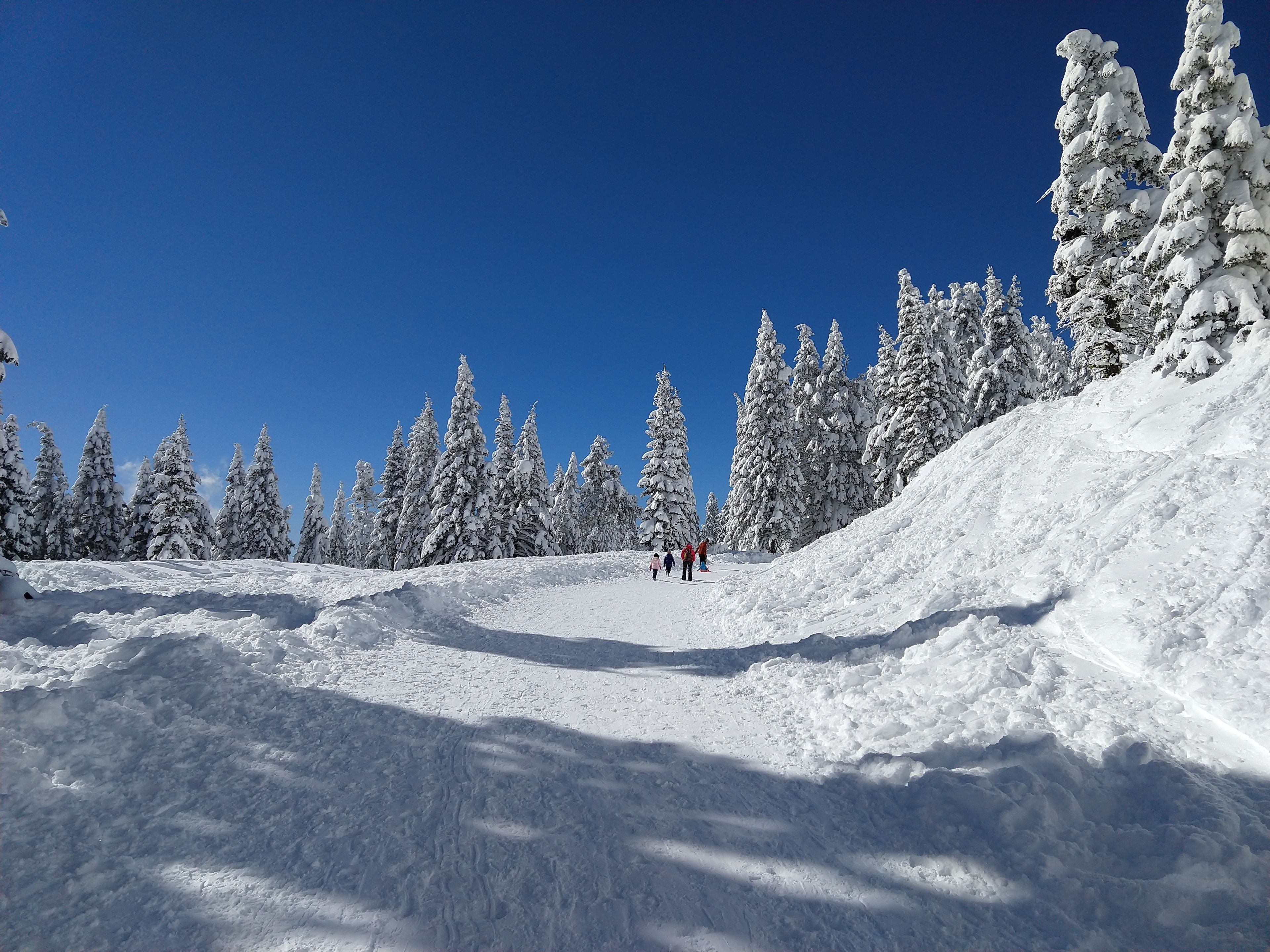 A snowy landscape with a clear blue sky, a snow-covered slope, and a few people in the distance.