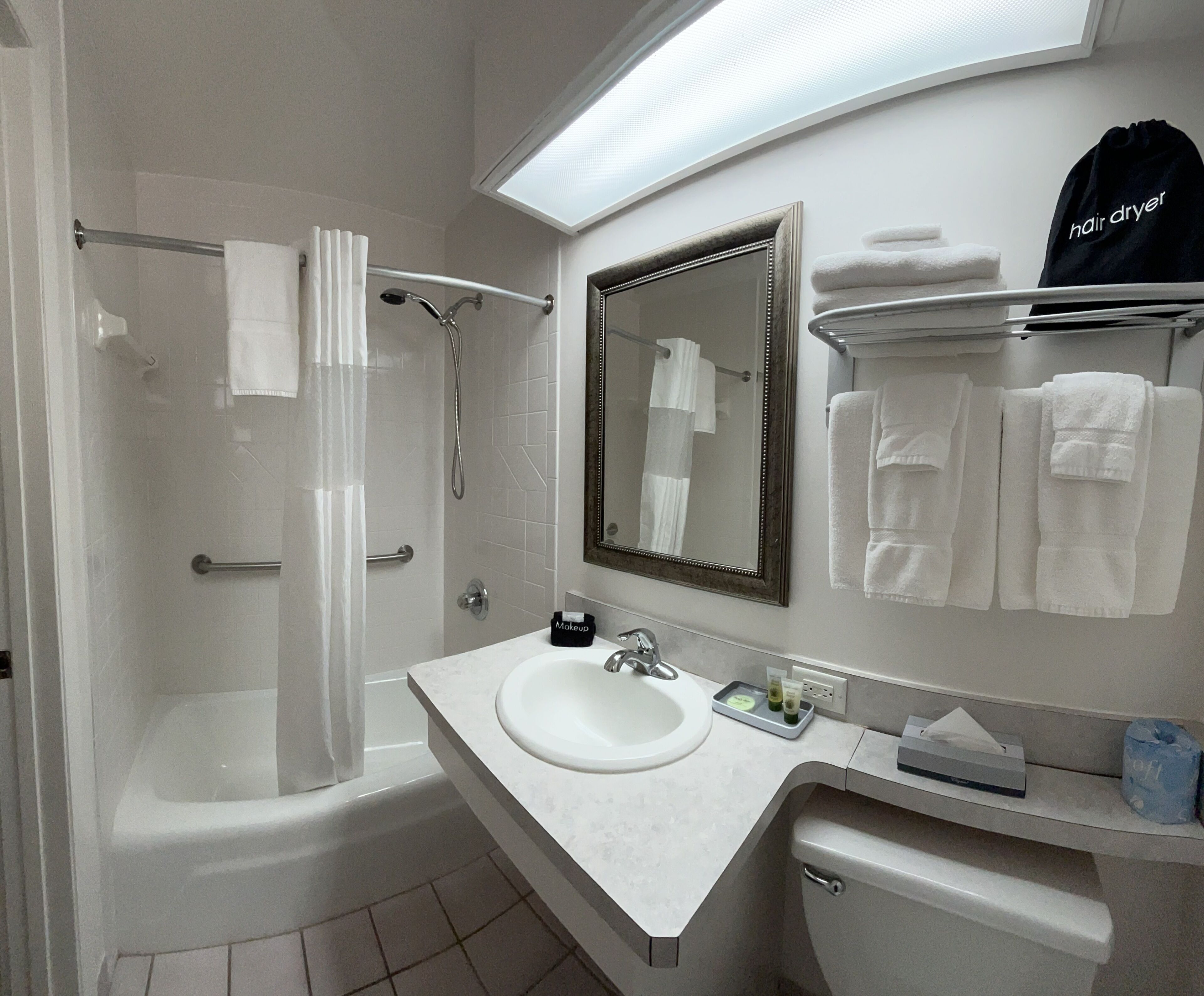 free toiletries, hair dryer, towels