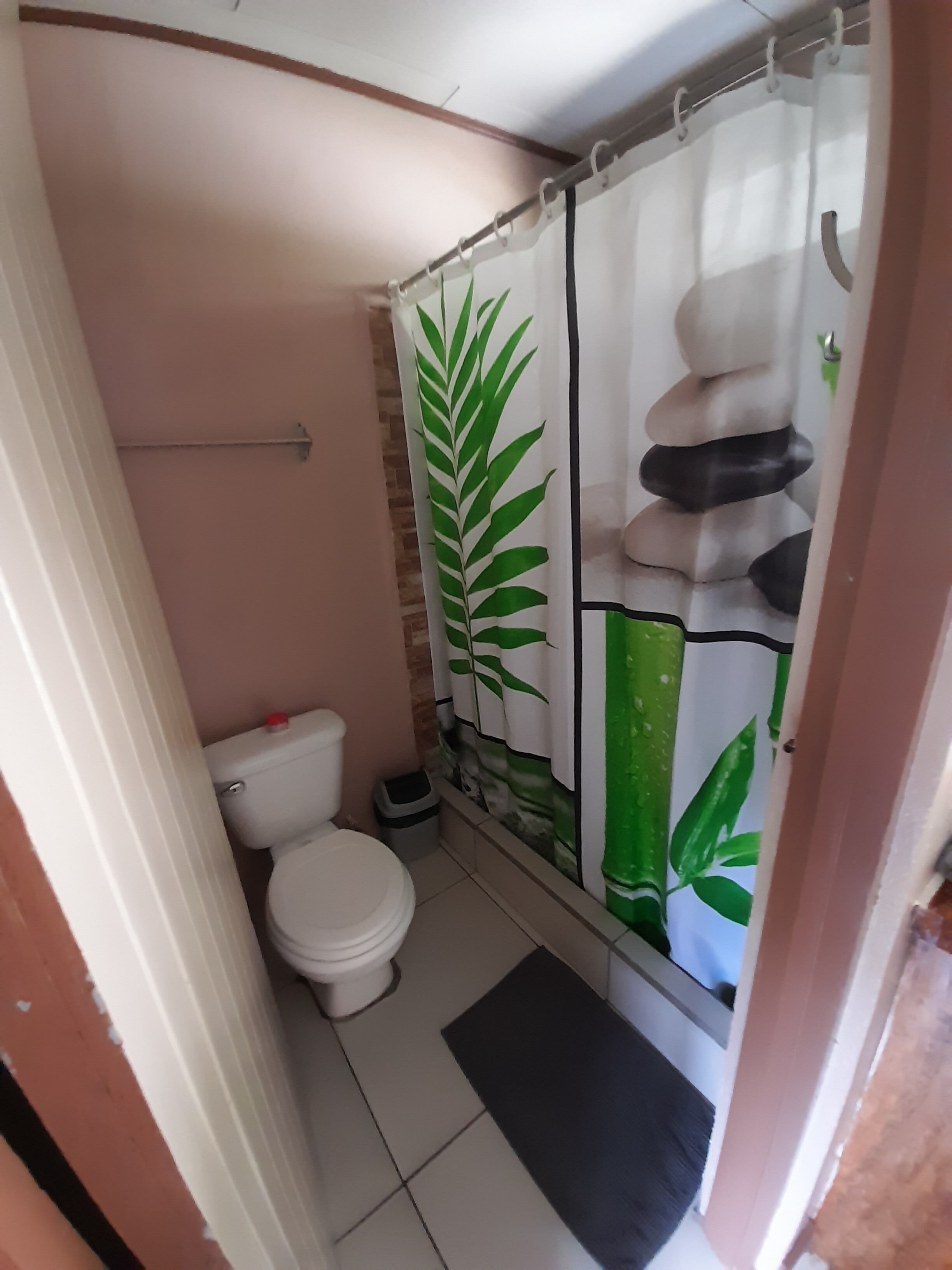 A bathroom with a toilet, a small trash bin, and a shower curtain with a nature-themed design.