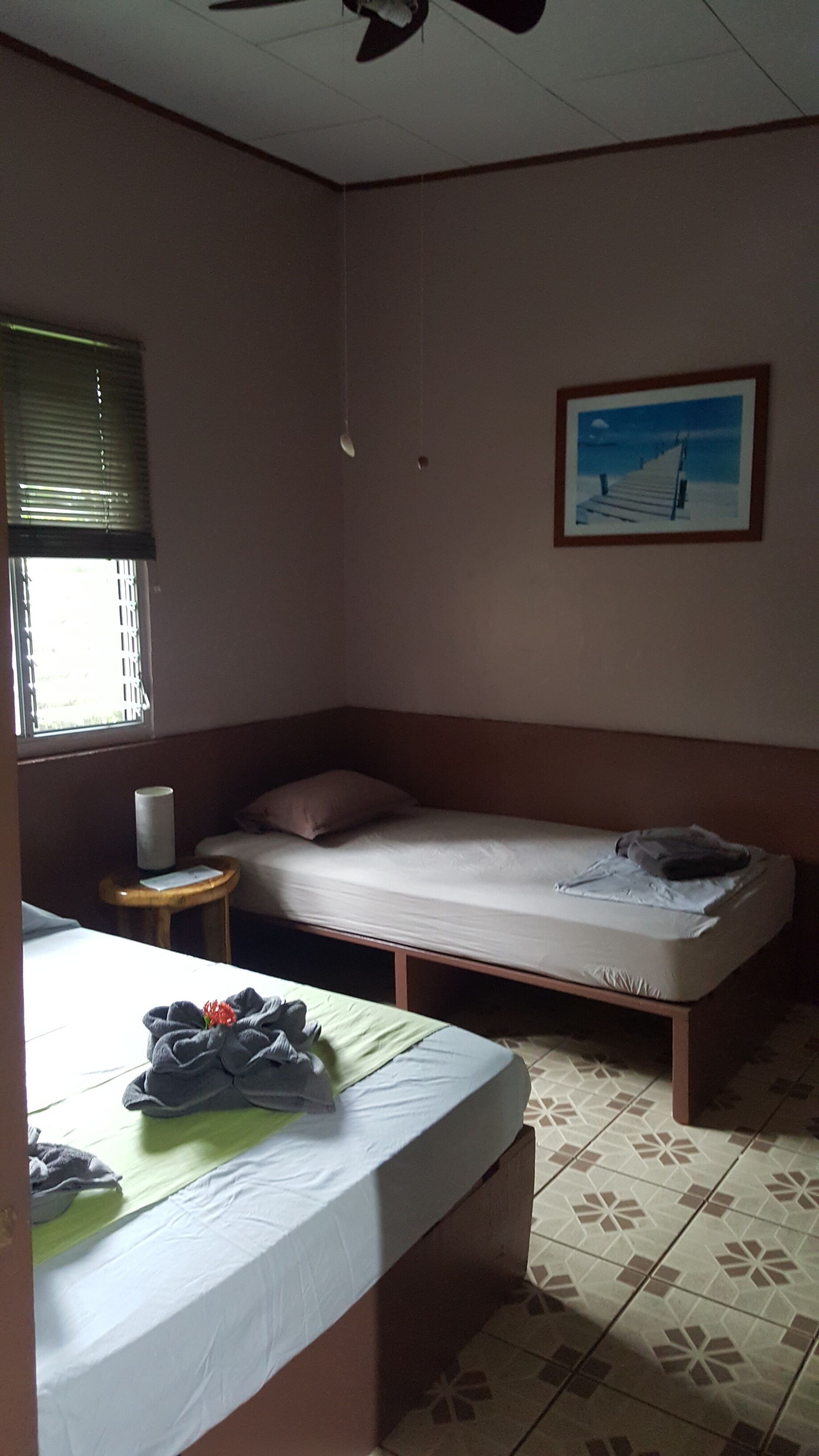 Une chambre avec deux lits simples, une petite table avec une lampe, une fenêtre avec des stores et un tableau encadré au mur.