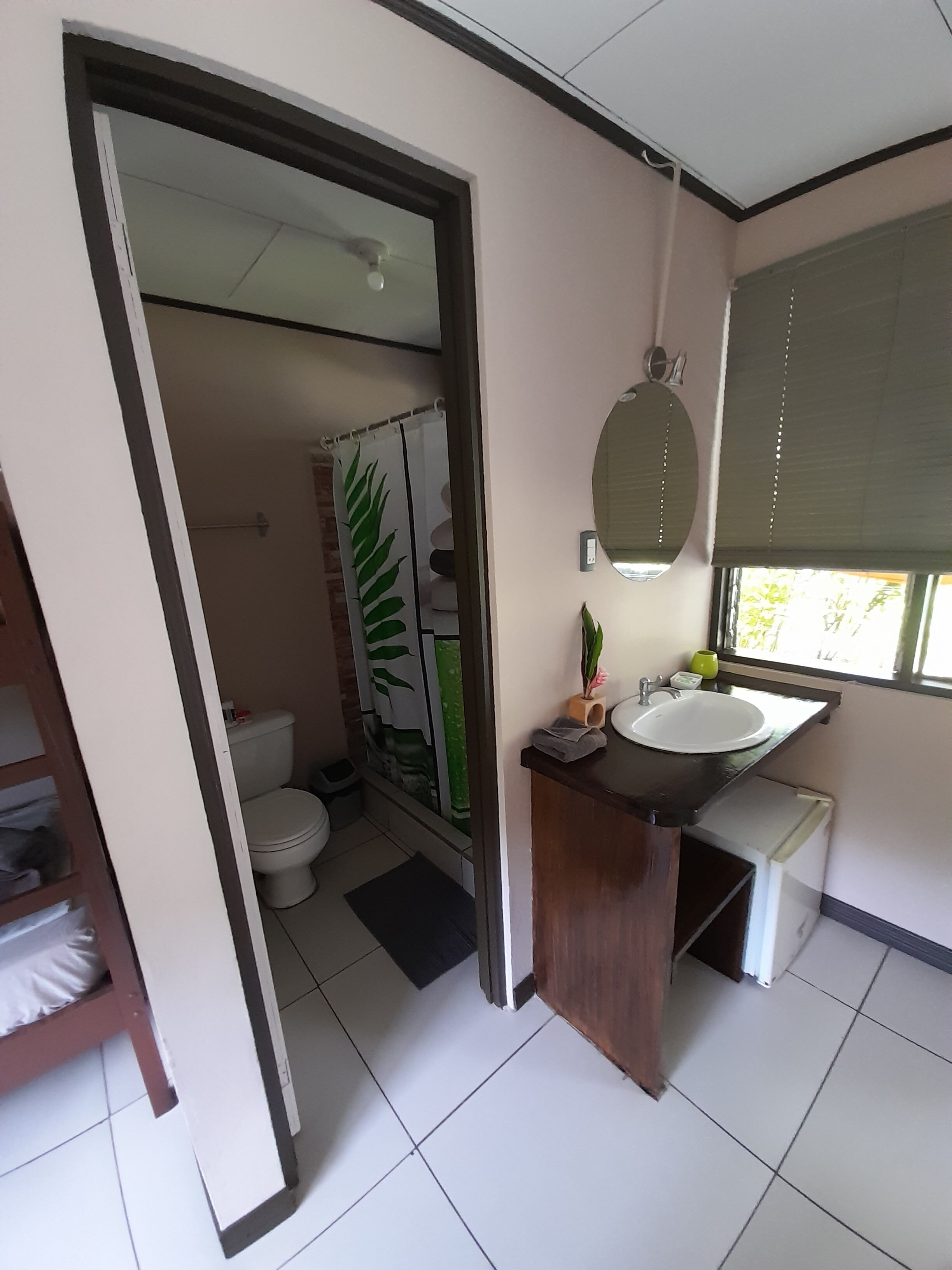 Un baño con inodoro, ducha, lavamanos y espejo.