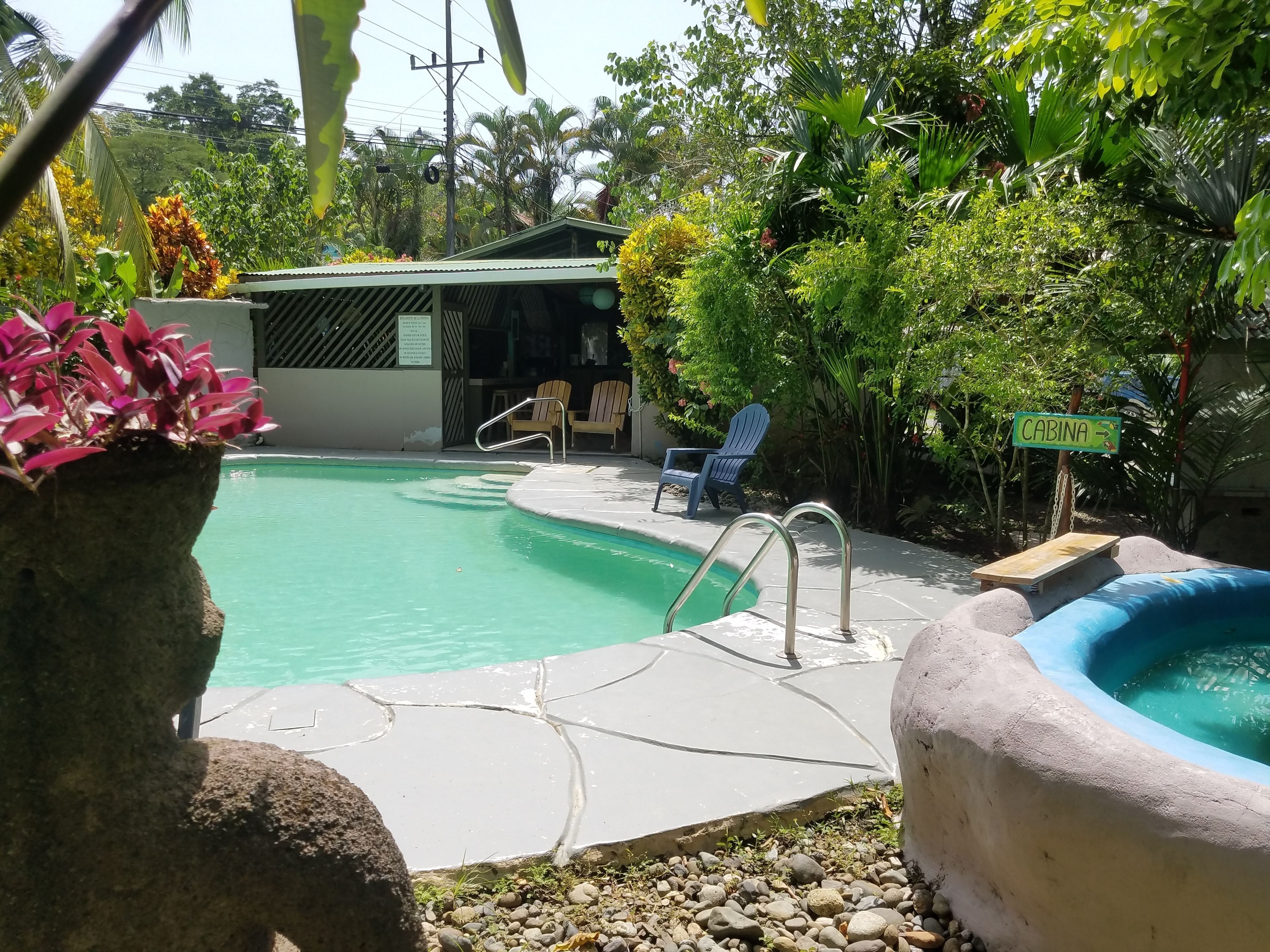 Une piscine avec un petit jacuzzi, entourée de verdure et dotée d’un espace détente couvert avec des chaises.