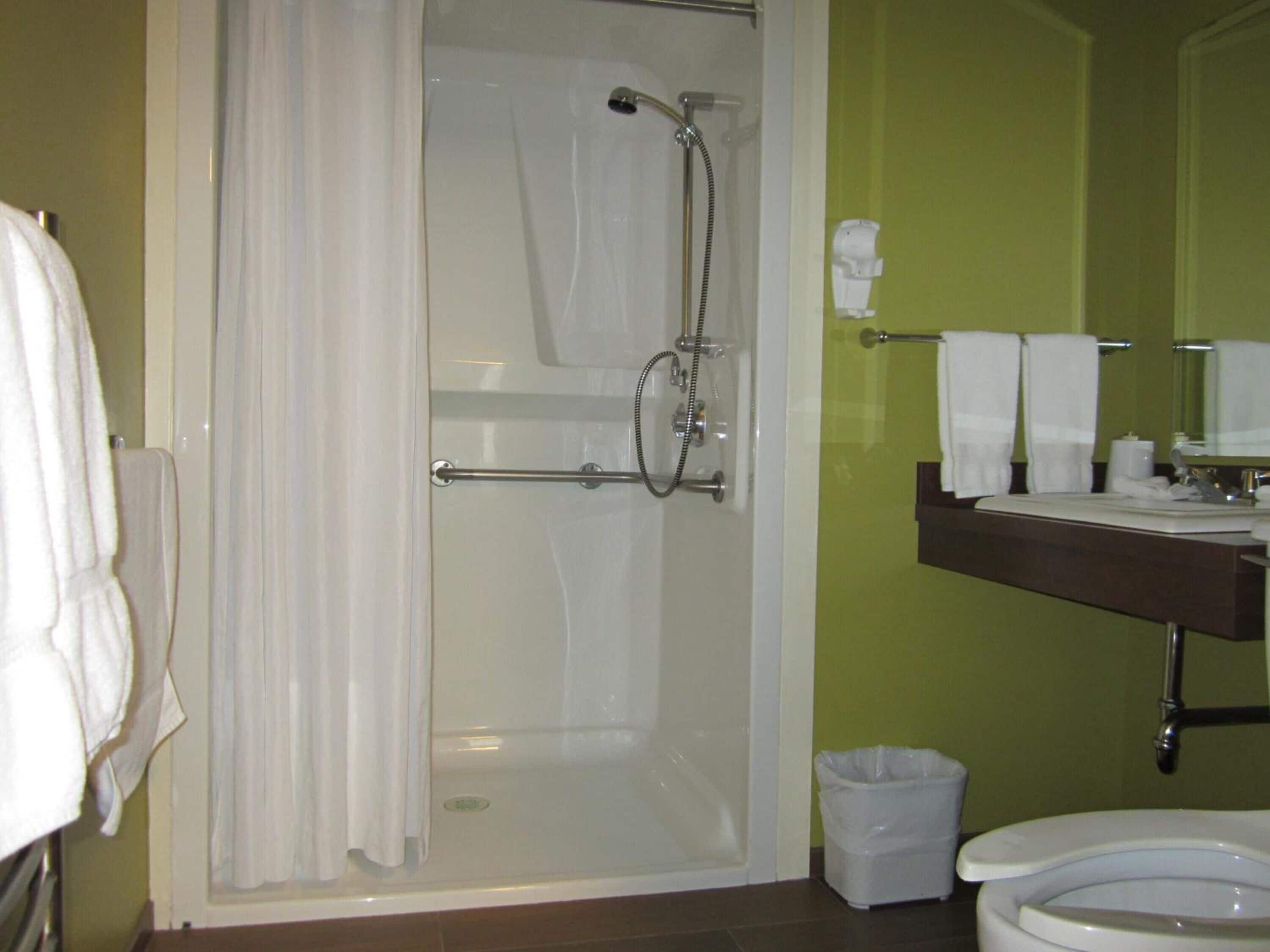 combined shower/bathtub, free toiletries, hair dryer, towels
