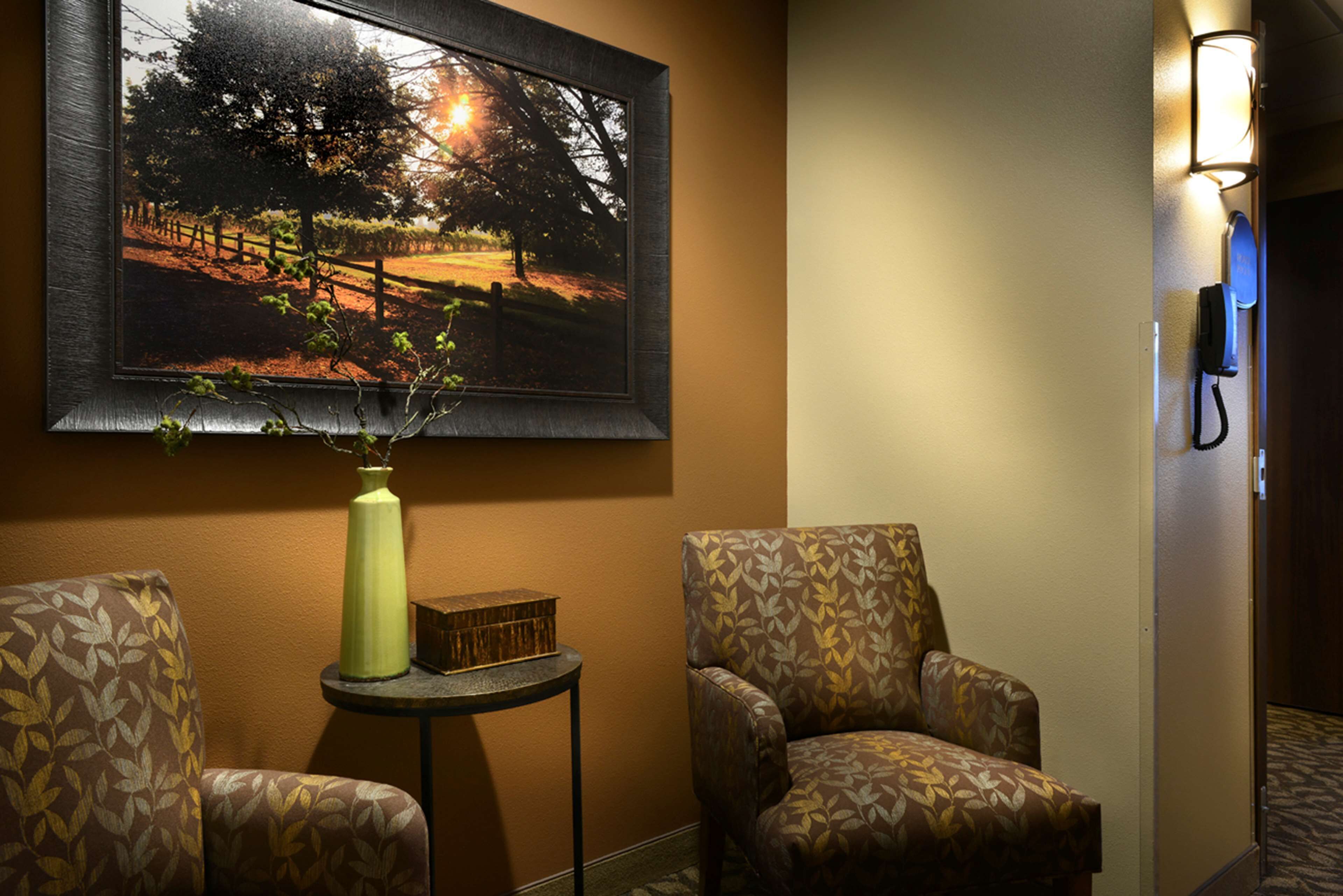 A hotel room with a framed landscape painting, two patterned armchairs, a small table with a vase, and a wall-mounted phone.