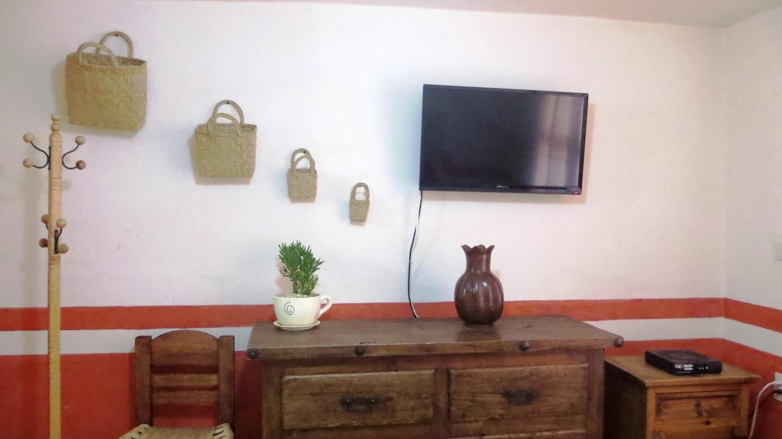 Ein Zimmer mit einem hölzernen Schminktisch, einem an der Wand befestigten Fernseher, einem kleinen Tisch mit Pflanze und Vase sowie einem Kleiderständer mit einer Tasche.
