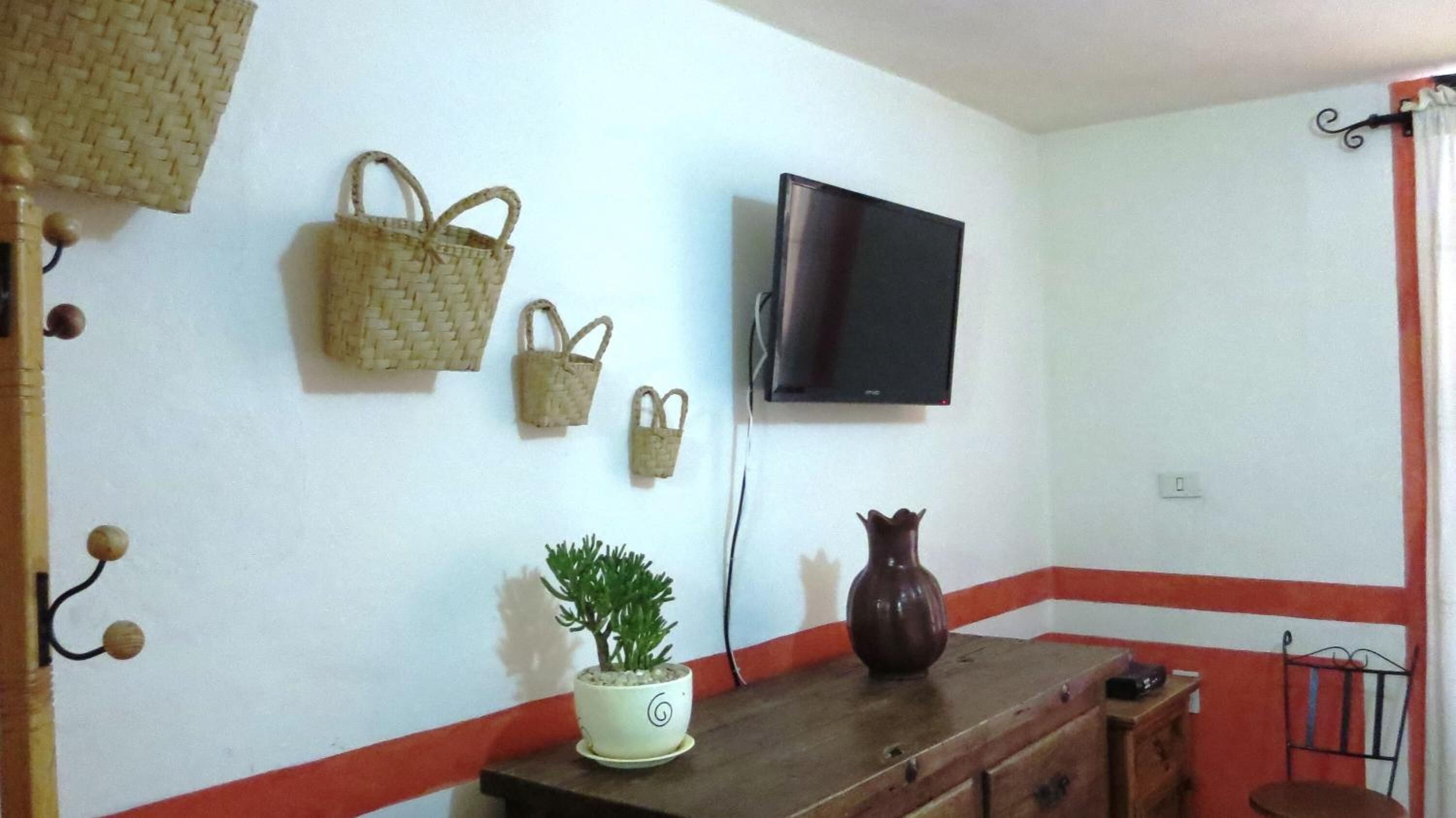 Una habitación con una televisión montada en la pared, una mesa de madera con una planta en maceta y un florero, y varias cestas tejidas colgadas en la pared.