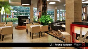A modern restaurant interior with round tables, chairs, and a central plant.