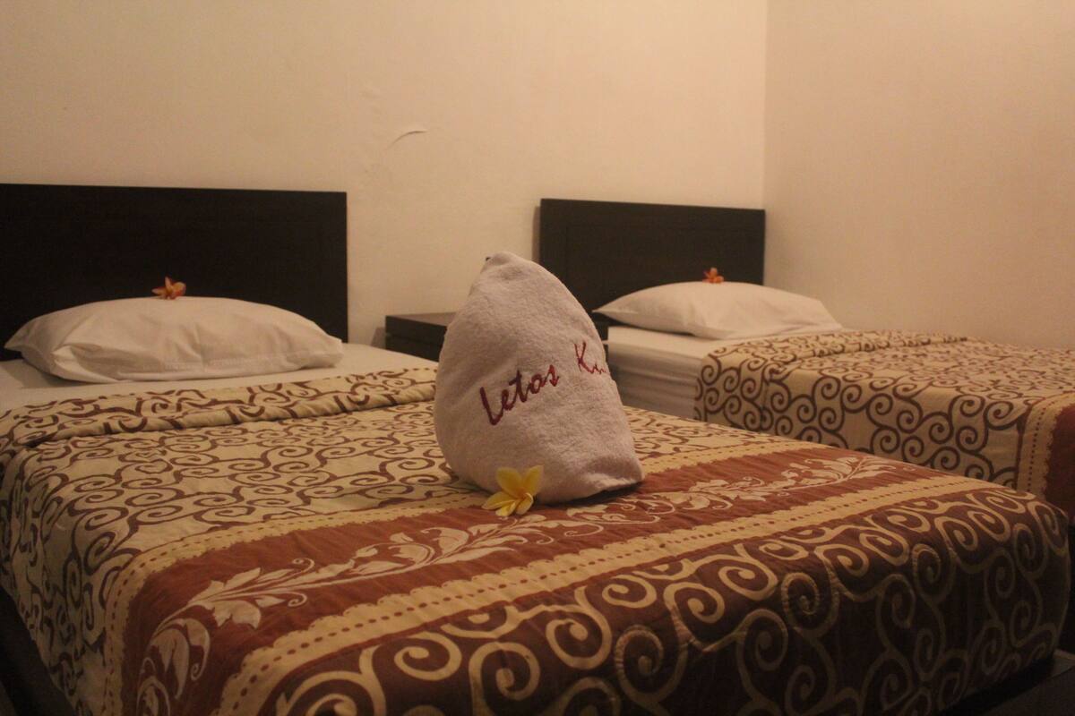 A hotel room with two beds, each with patterned bedding and pillows.