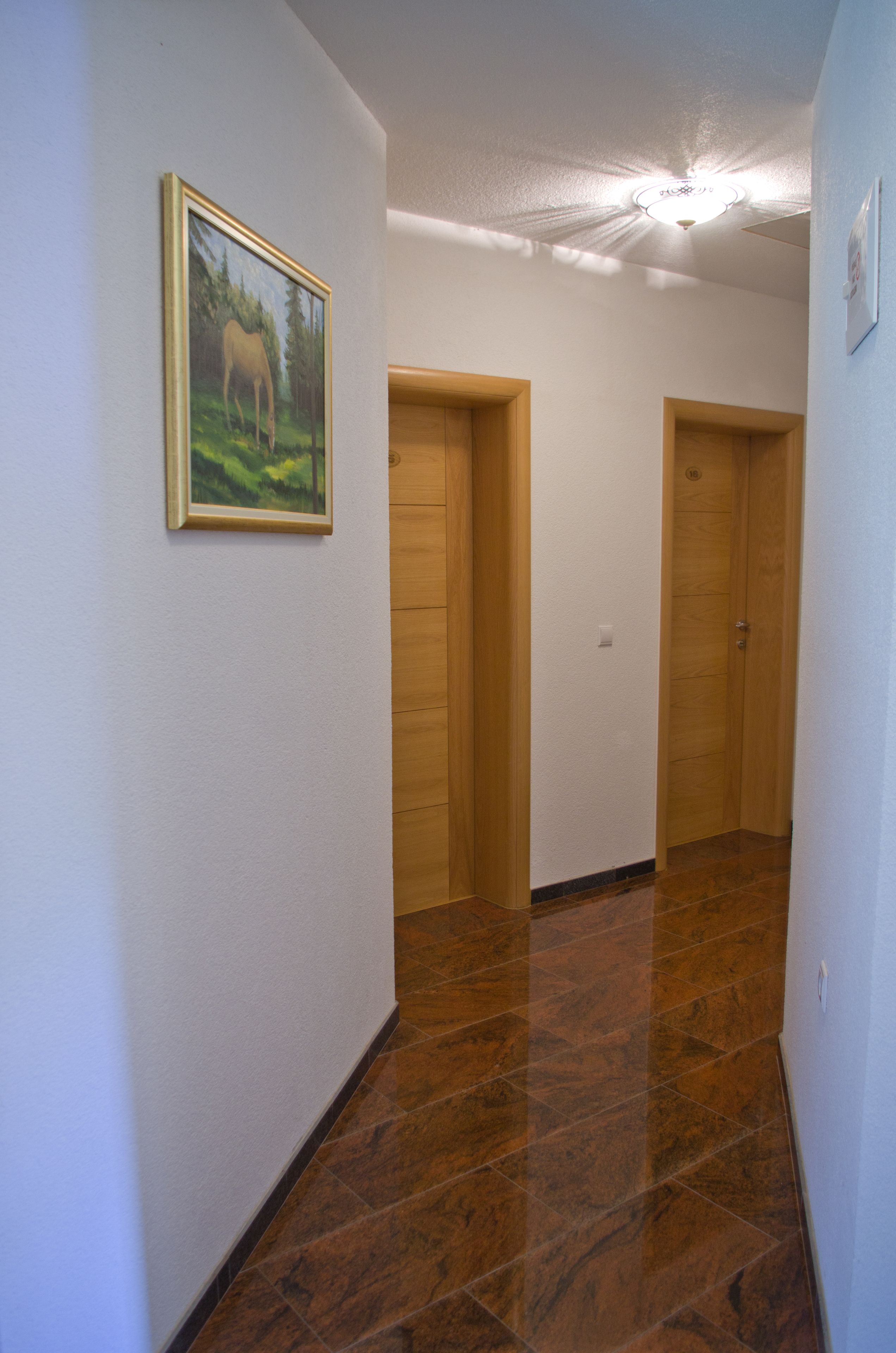 A hallway with wooden doors, a framed picture on the wall, and a tiled floor.