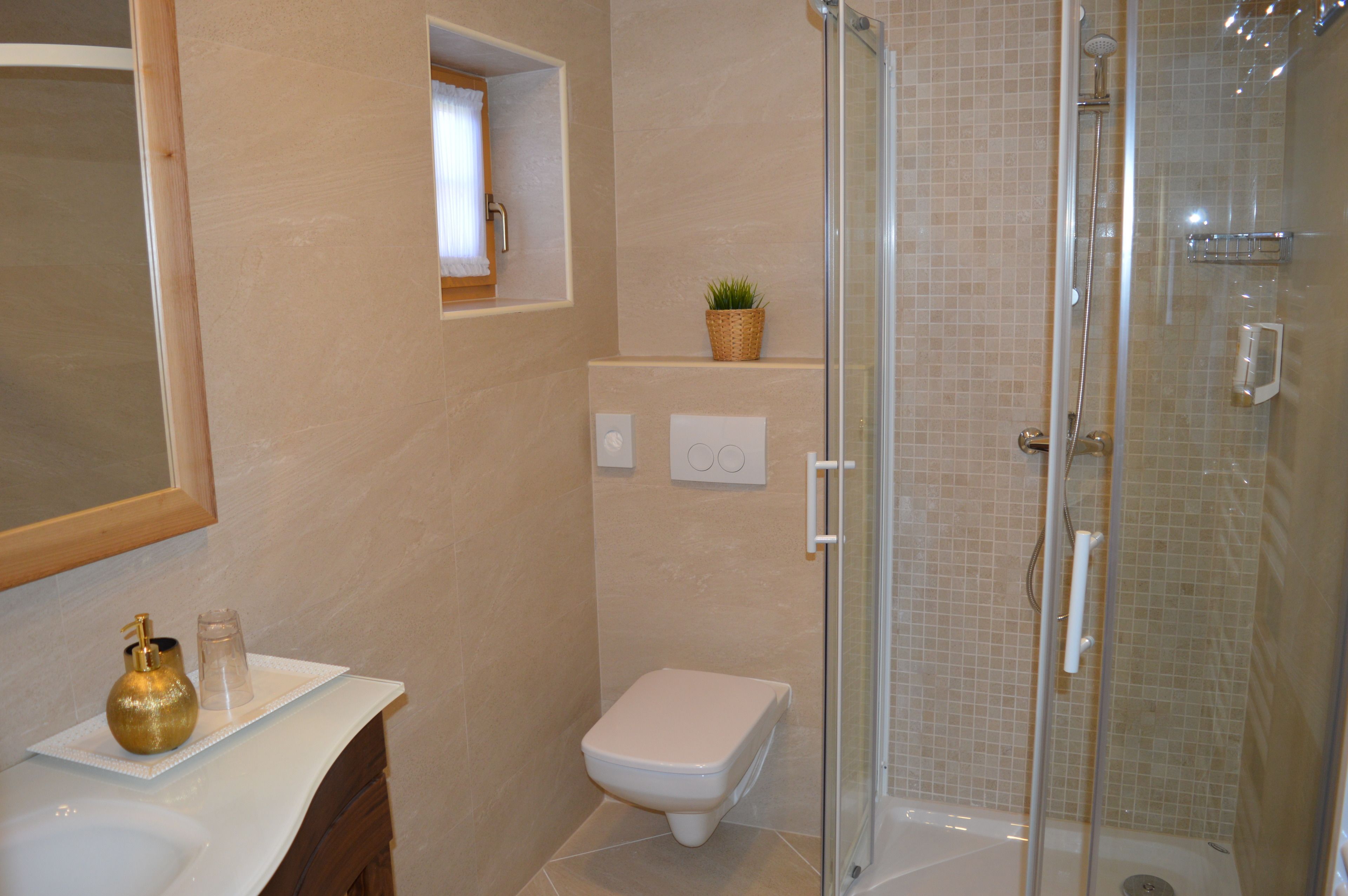 A bathroom with a toilet, a glass-enclosed shower, a sink with a gold bottle, and a small plant on a shelf.