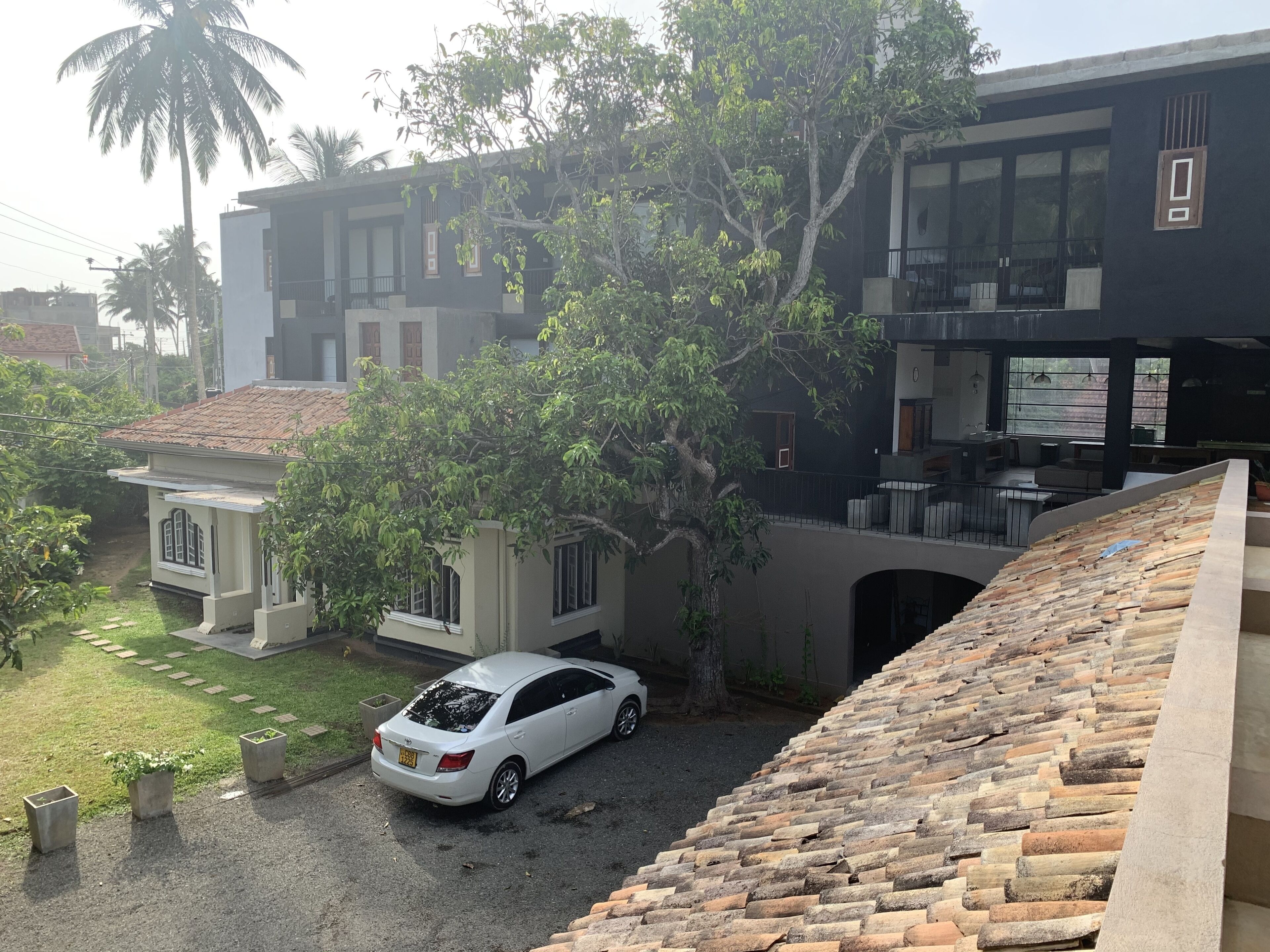 A residential area with a white car parked in front of a house with a tiled roof, surrounded by greenery and a palm tree.