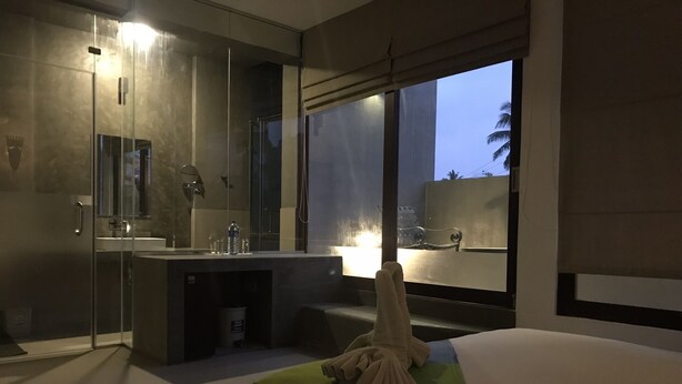 A modern hotel room with a glass shower enclosure, a bedside table with a lamp, and a large window offering a view of palm trees. - Handagedara Resort (Mirissa)