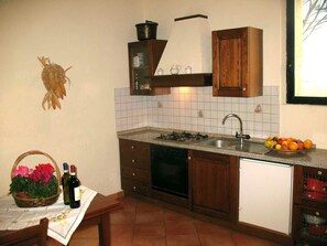 A compact kitchen with a gas stove, sink, and wooden cabinets. - Agriturismo La Torretta (Siena)