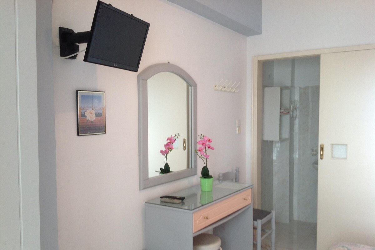 A bedroom with a bed, a desk, a mirror, a television, and a door.