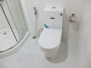 Shower, free toiletries, hair dryer