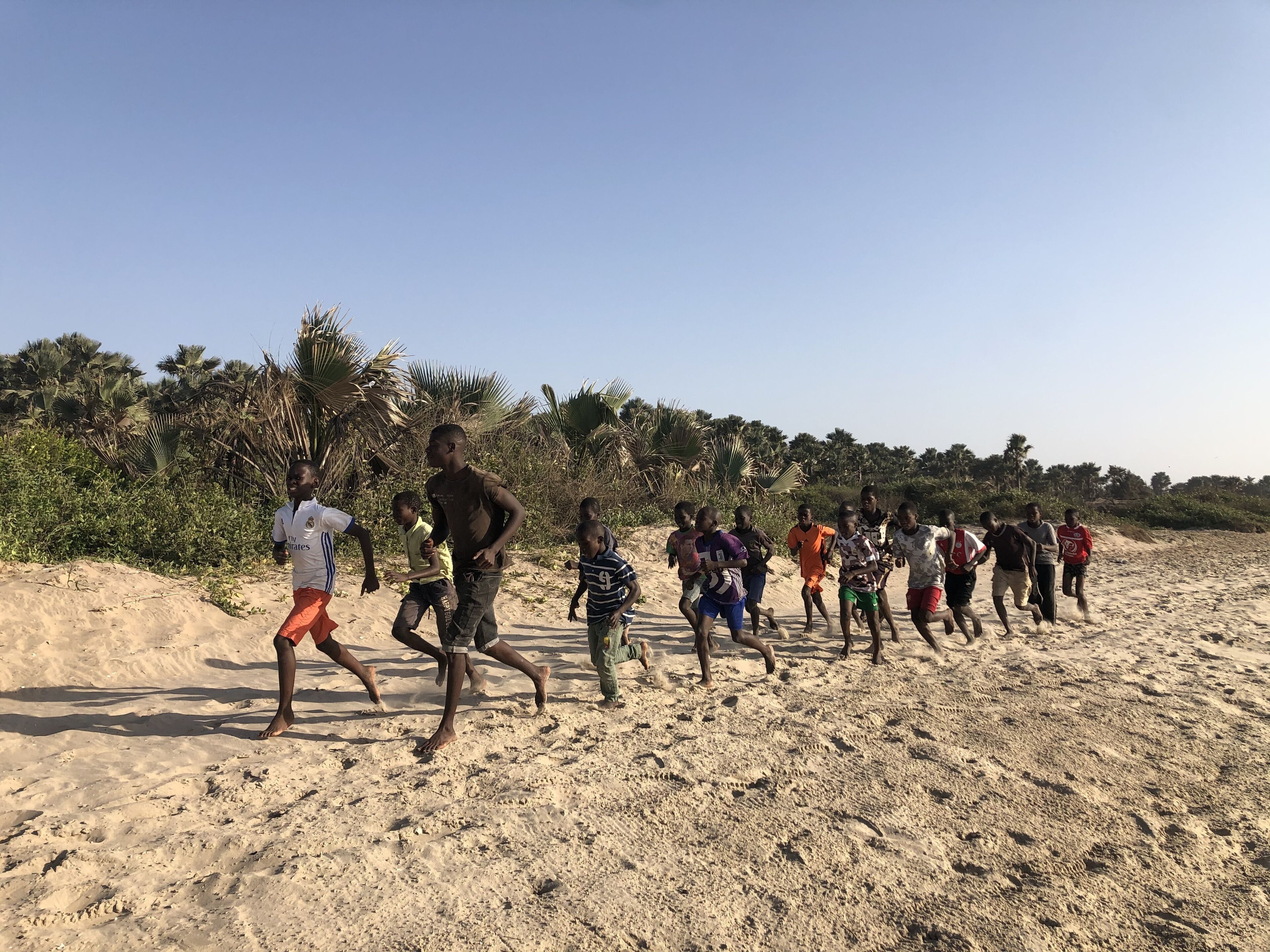A group of people running on a sandy beach with palm trees in the background.