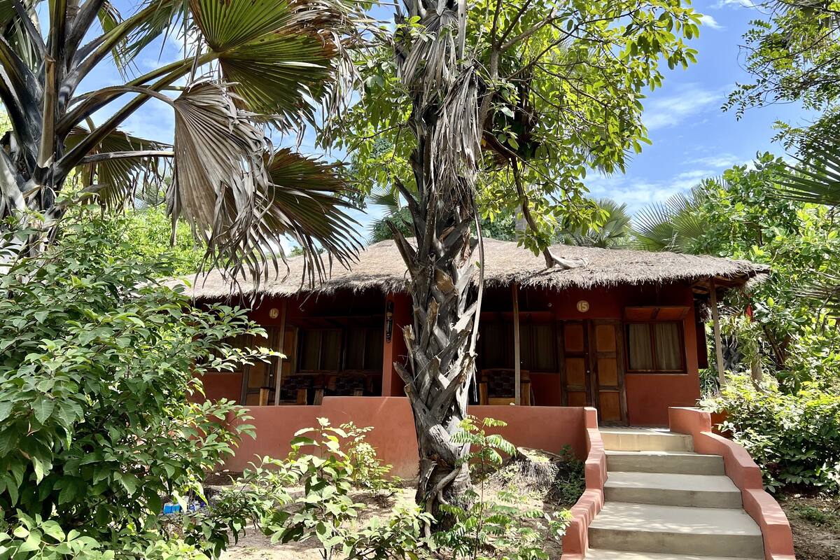 A bungalow with a thatched roof, surrounded by lush greenery and palm trees.