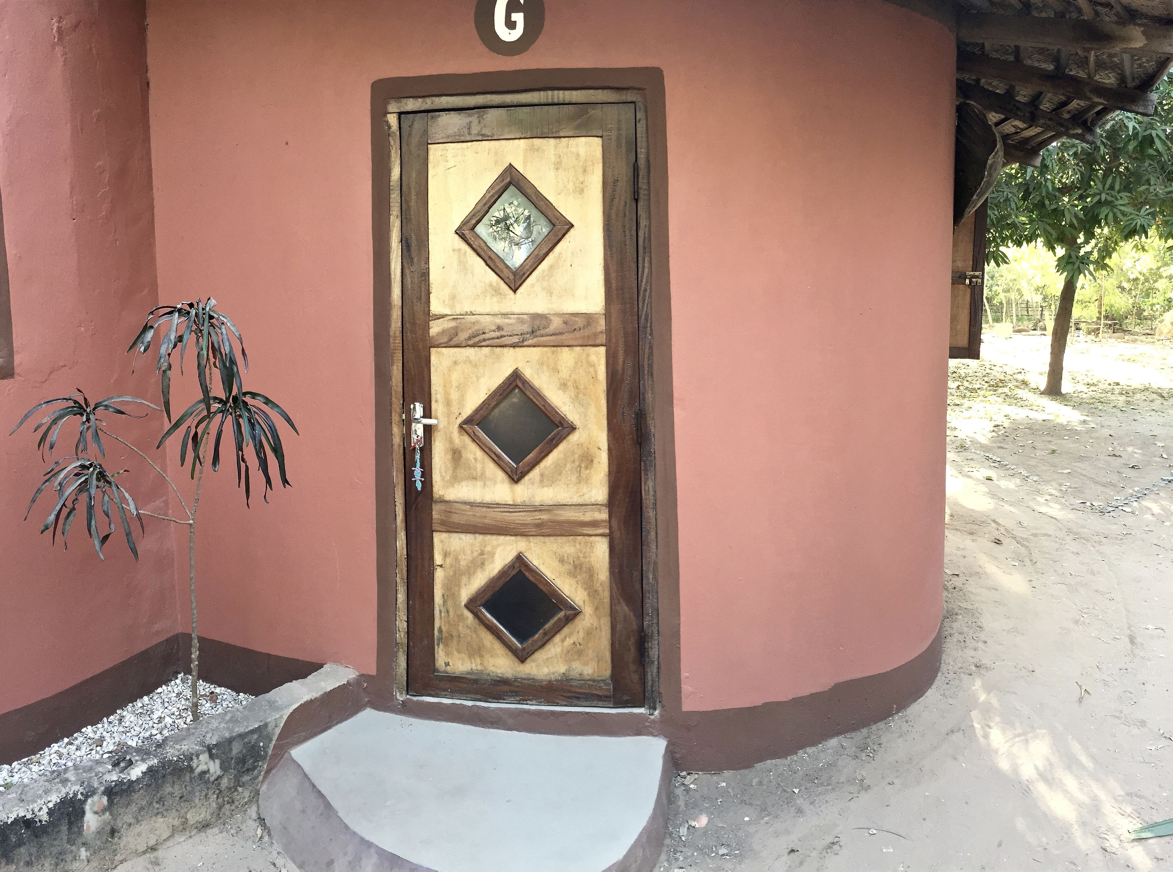 A door with a diamond pattern and a small plant beside it.