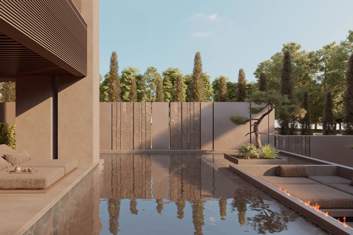 A modern outdoor pool area with a minimalist design, featuring a long bench and a small seating area.