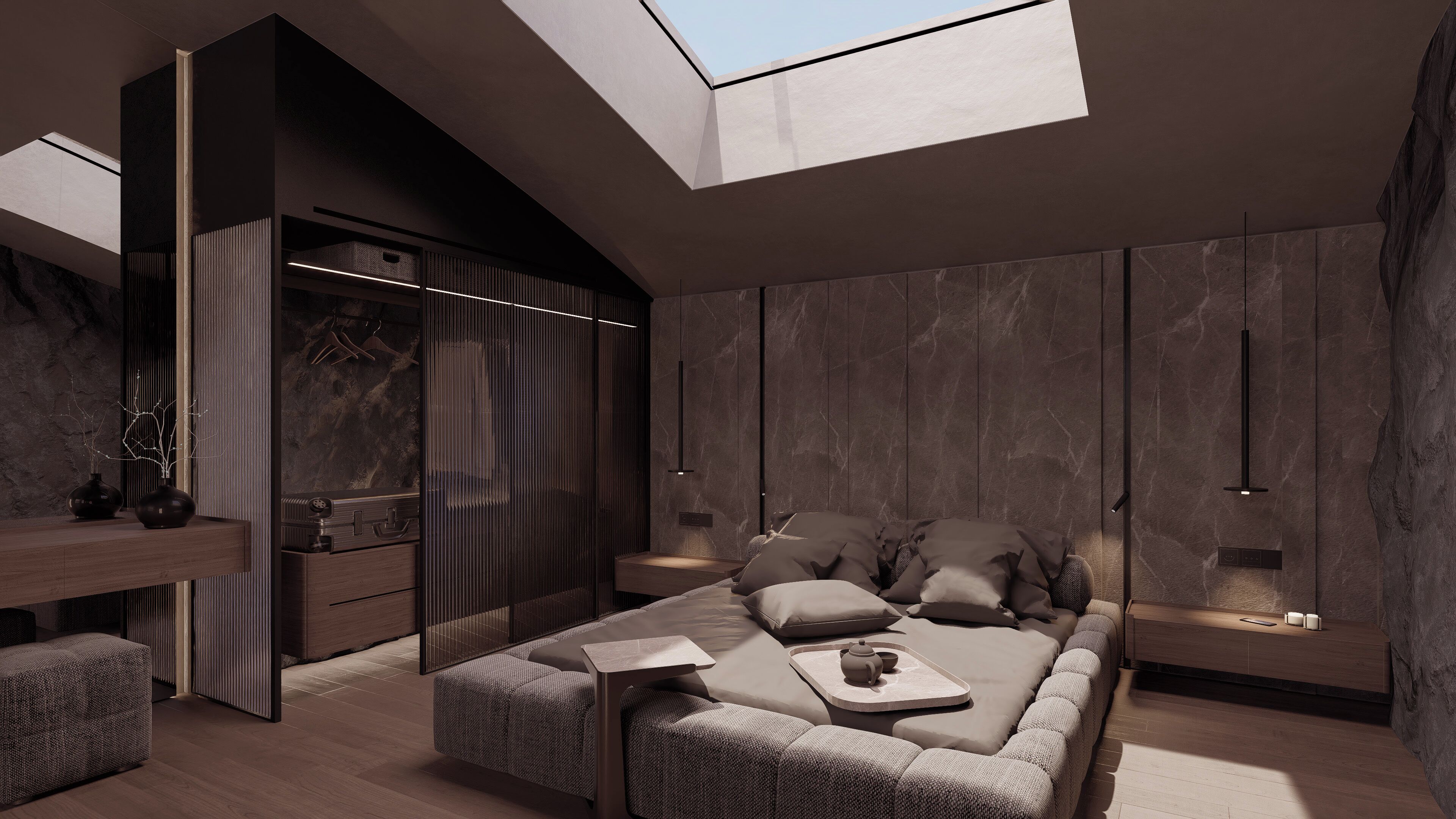 A modern interior with a skylight, a sofa, a small table, and a cabinet.