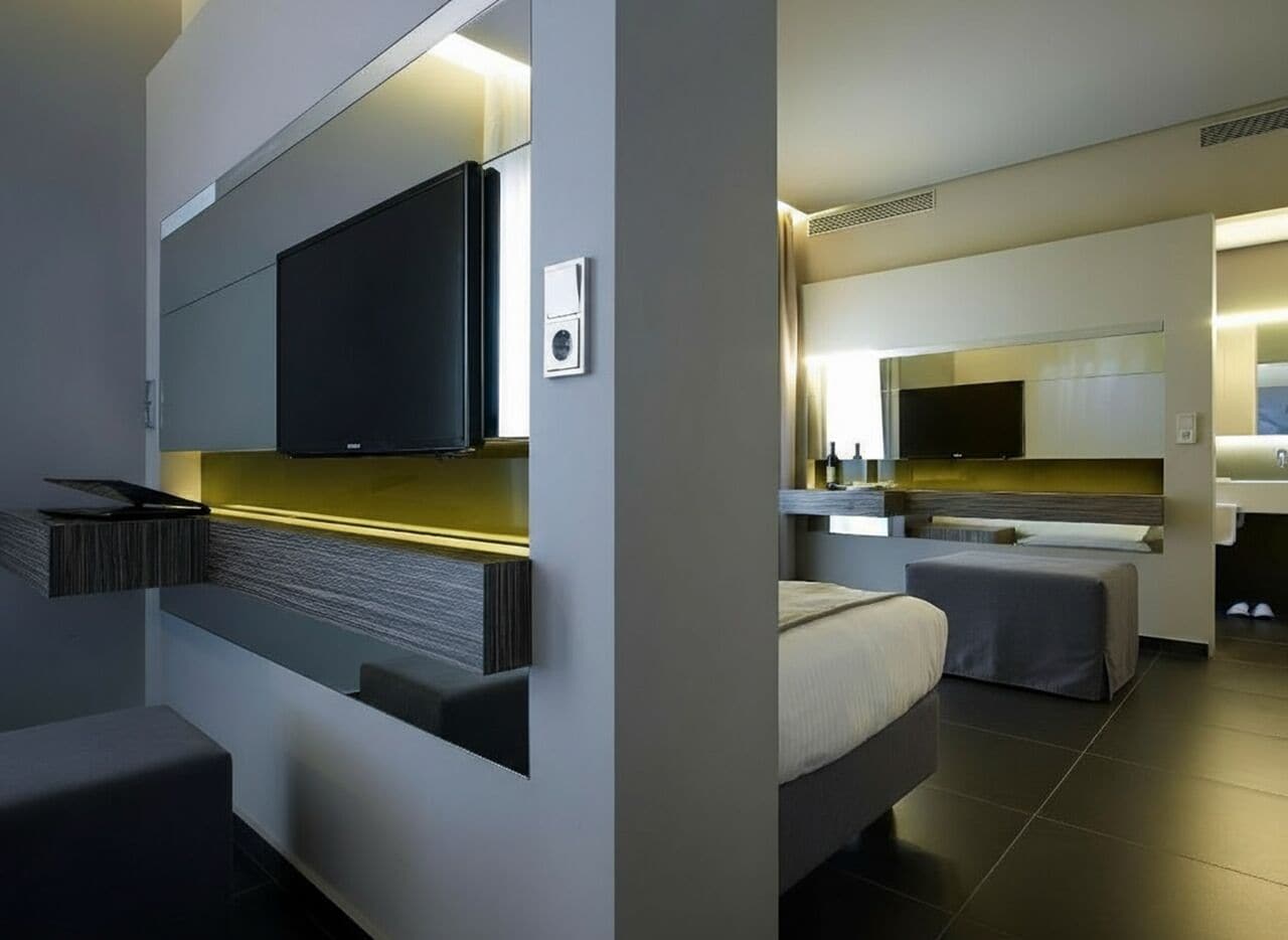 Una habitación de hotel moderna con televisión de pantalla plana, cocina integrada, sofá y cama.