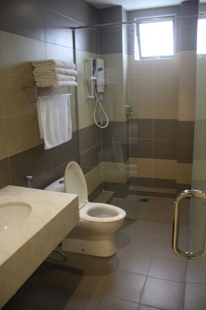 A bathroom with a toilet, sink, and shower area. - Aurora Hotel (Malacca City)