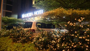 Un letrero de hotel con el nombre "AURORA HOTEL" iluminado durante la noche, rodeado de follaje y automóviles estacionados.