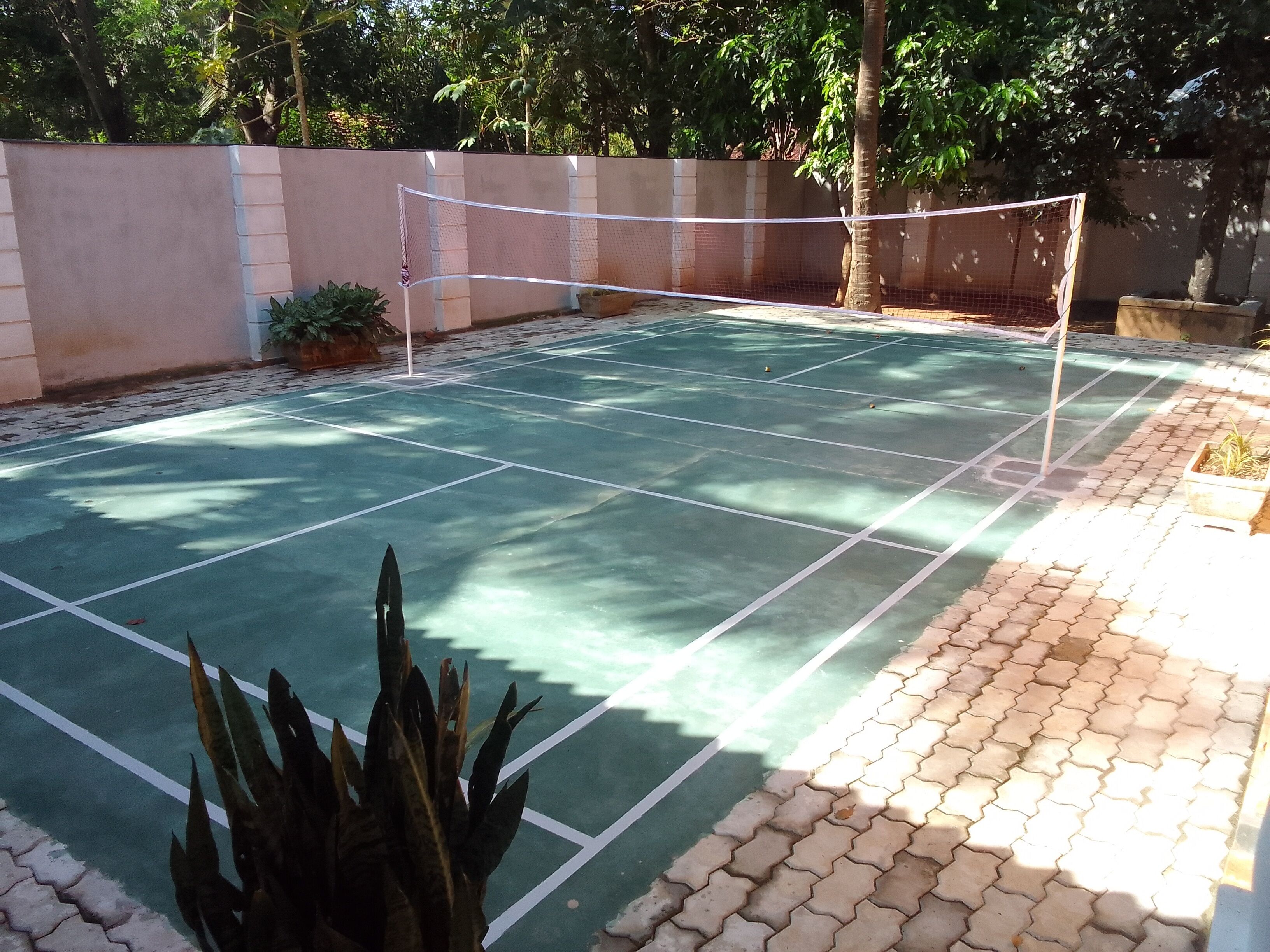 Un court de tennis en plein air, doté d’un filet, entouré d’un petit muret en briques et agrémenté de plantes en pot.