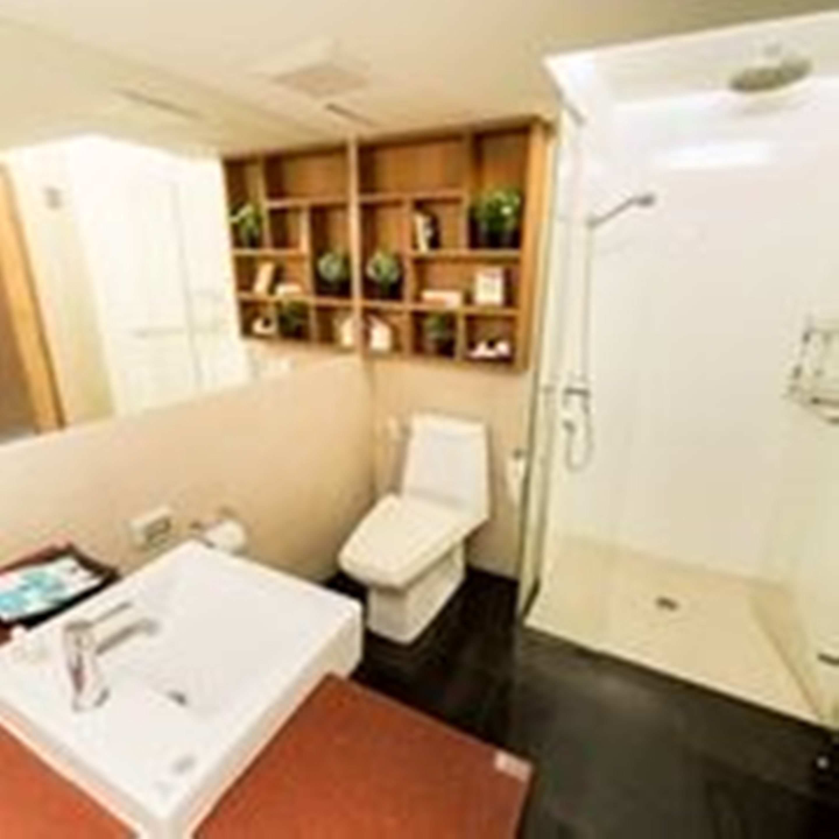 combined shower/bathtub, deep-soaking bathtub, free toiletries