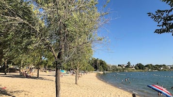 A beach with trees, a sandy shore, and people swimming in the water.