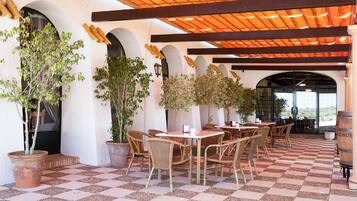 An outdoor patio area with checkered flooring, wicker furniture, and potted plants.