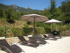 Outdoor pool, pool umbrellas, pool loungers