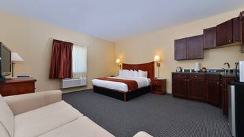 Desk, laptop workspace, blackout curtains, free WiFi