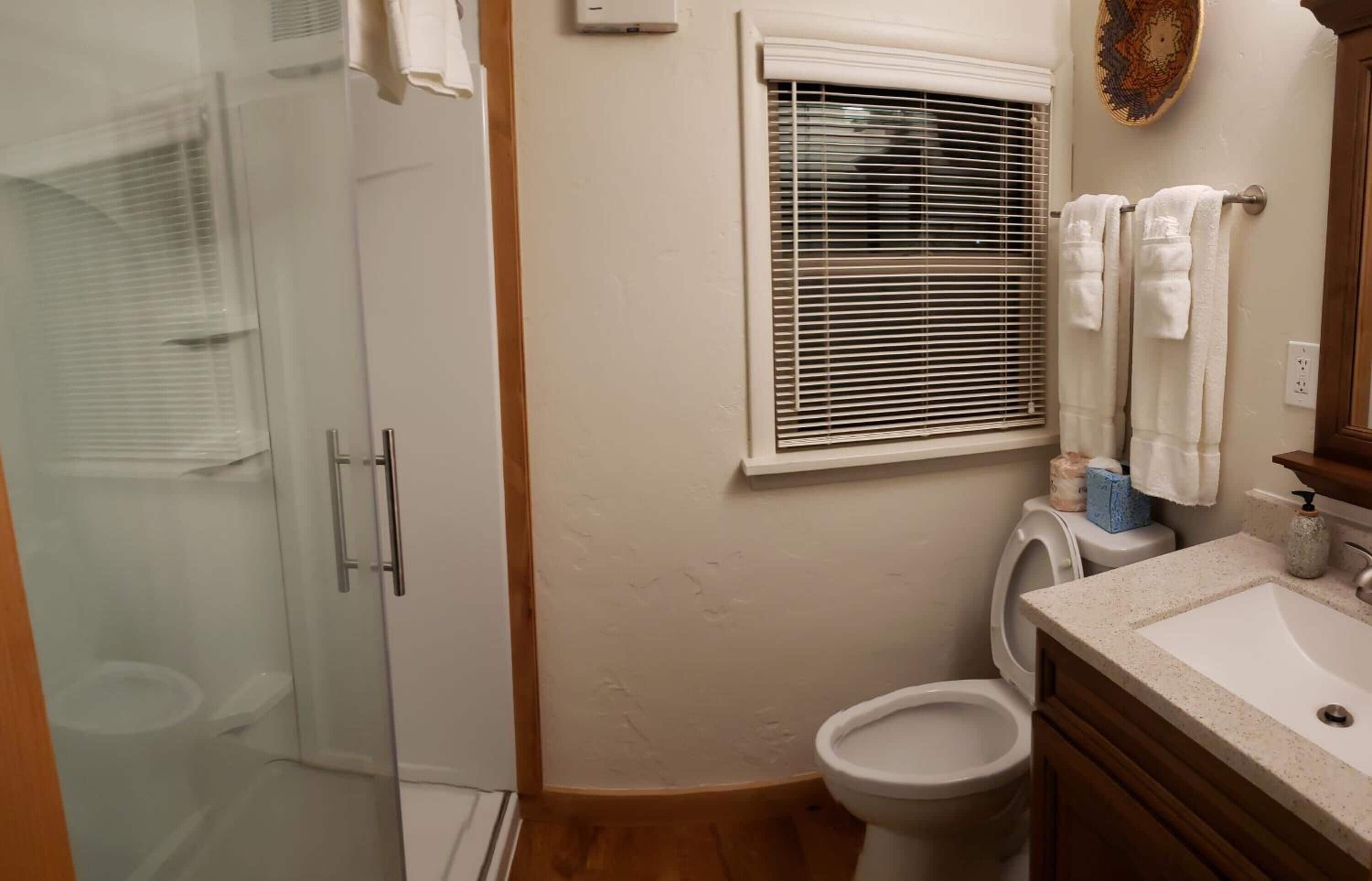 A bathroom with a glass shower enclosure, a toilet, a sink, and a window with blinds.