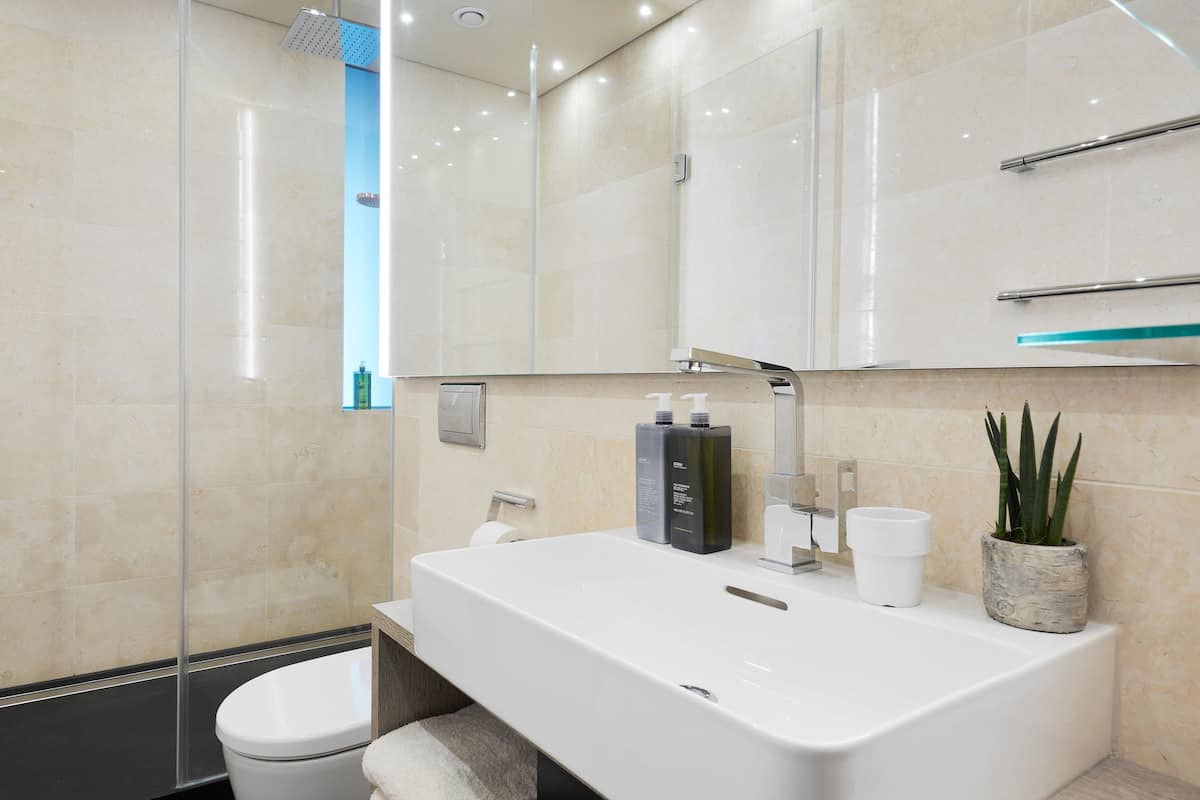 rainfall showerhead, eco-friendly toiletries, hair dryer, towels