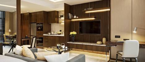 Televisión LCD, estación para iPod, piso con calefacción