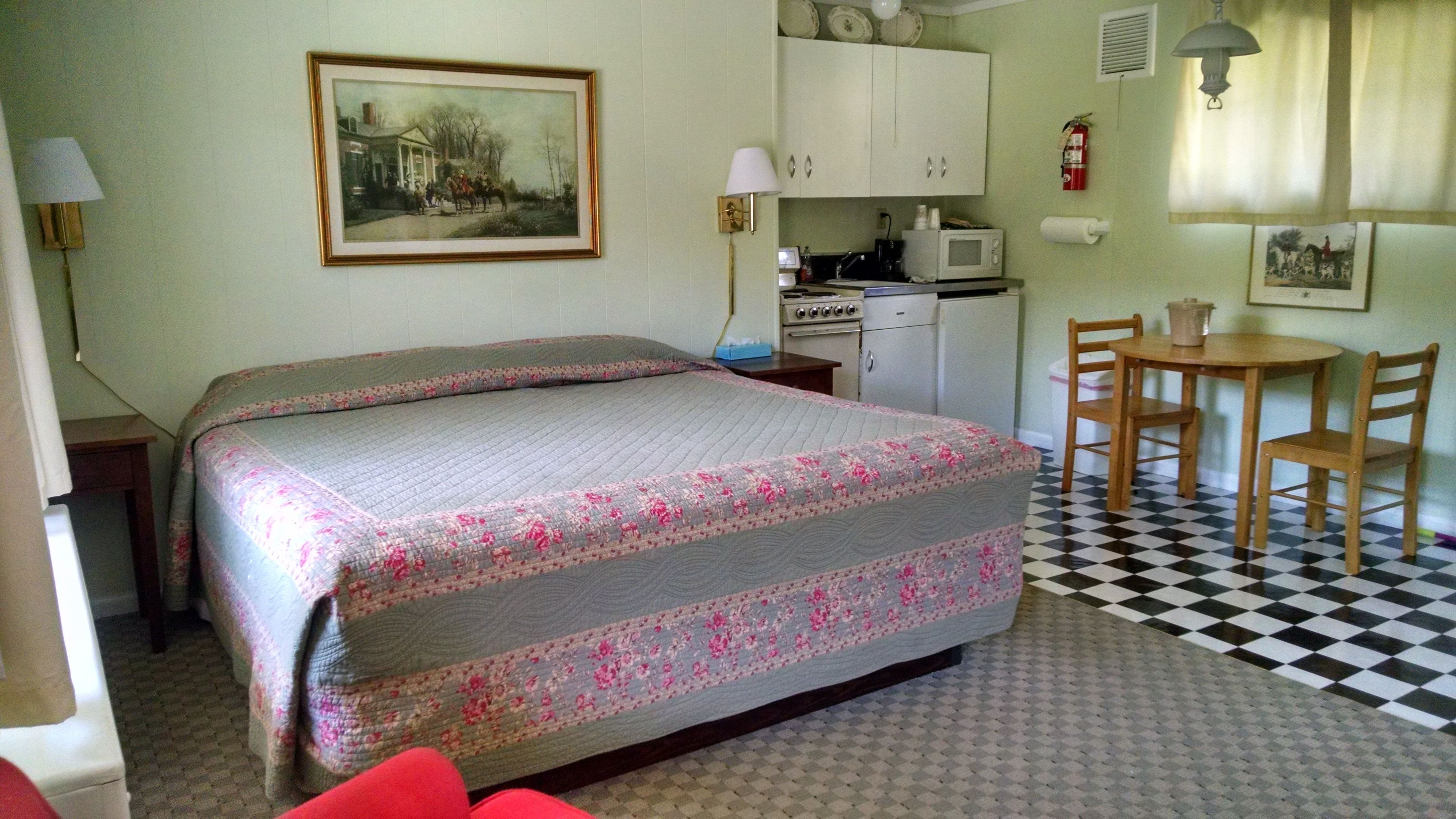 Una stanza con un letto, un tavolo da pranzo con sedie, un forno a microonde, un fornello e un quadro appeso al muro.