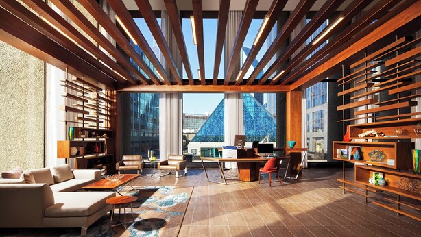 A modern living room with a large window, wooden slats on the ceiling, and a view of a building outside. - The Westin Dallas Downtown (Dallas)