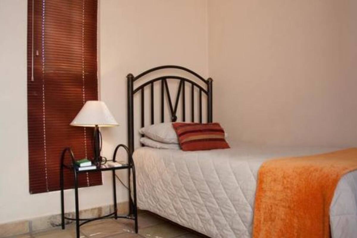 A single bed with a headboard, a bedside table with a lamp, and a window with blinds.