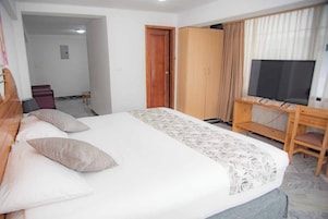 Una habitación de hotel con cama, televisión, armario y escritorio.