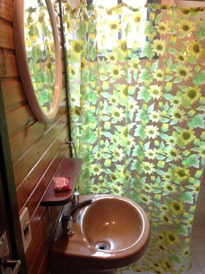 A bathroom with a brown sink, a mirror, and a shower curtain with a sunflower pattern.