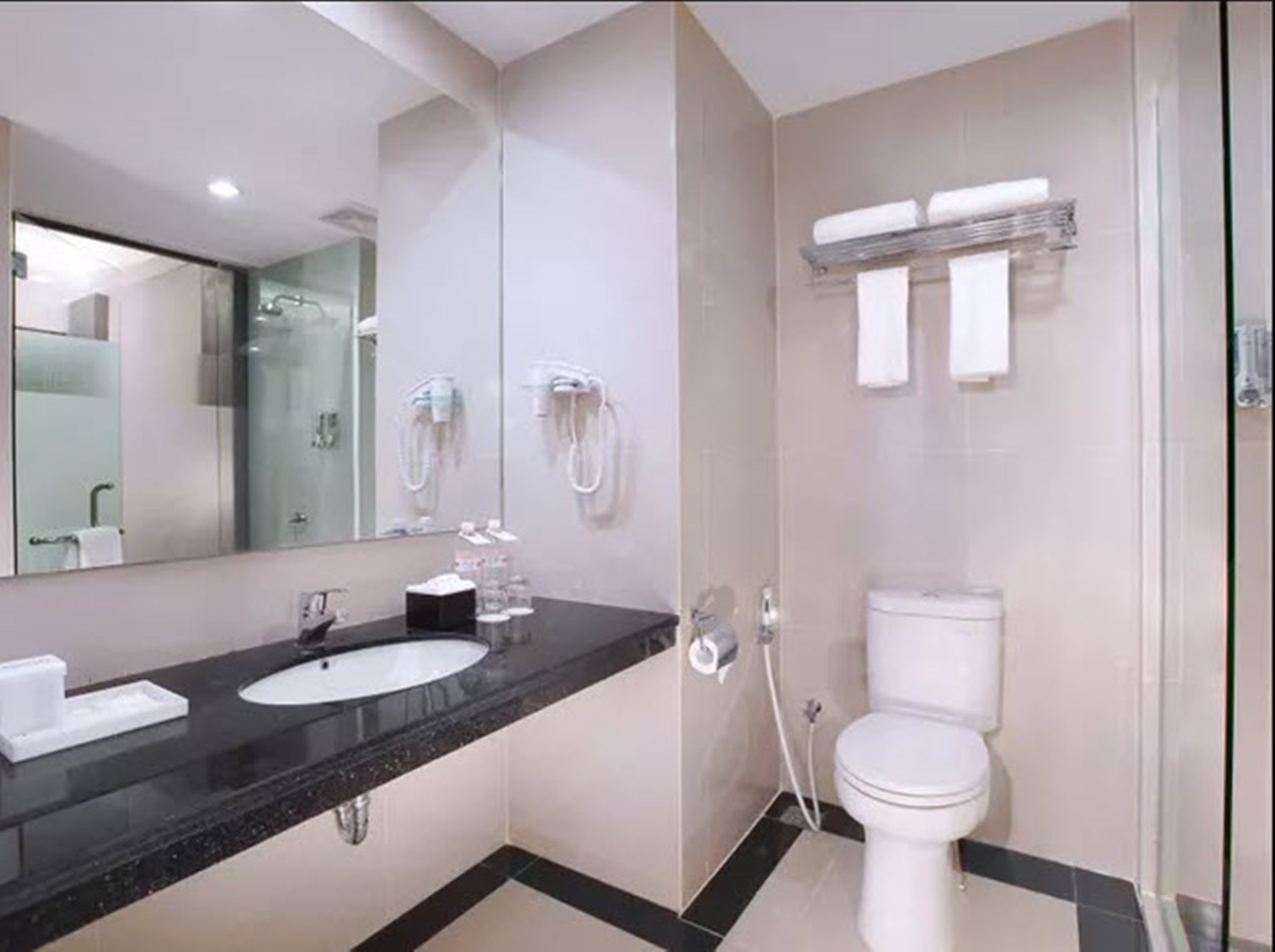 shower, dressing gowns, slippers, towels