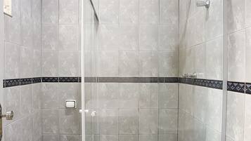 Shower, free toiletries, towels, soap