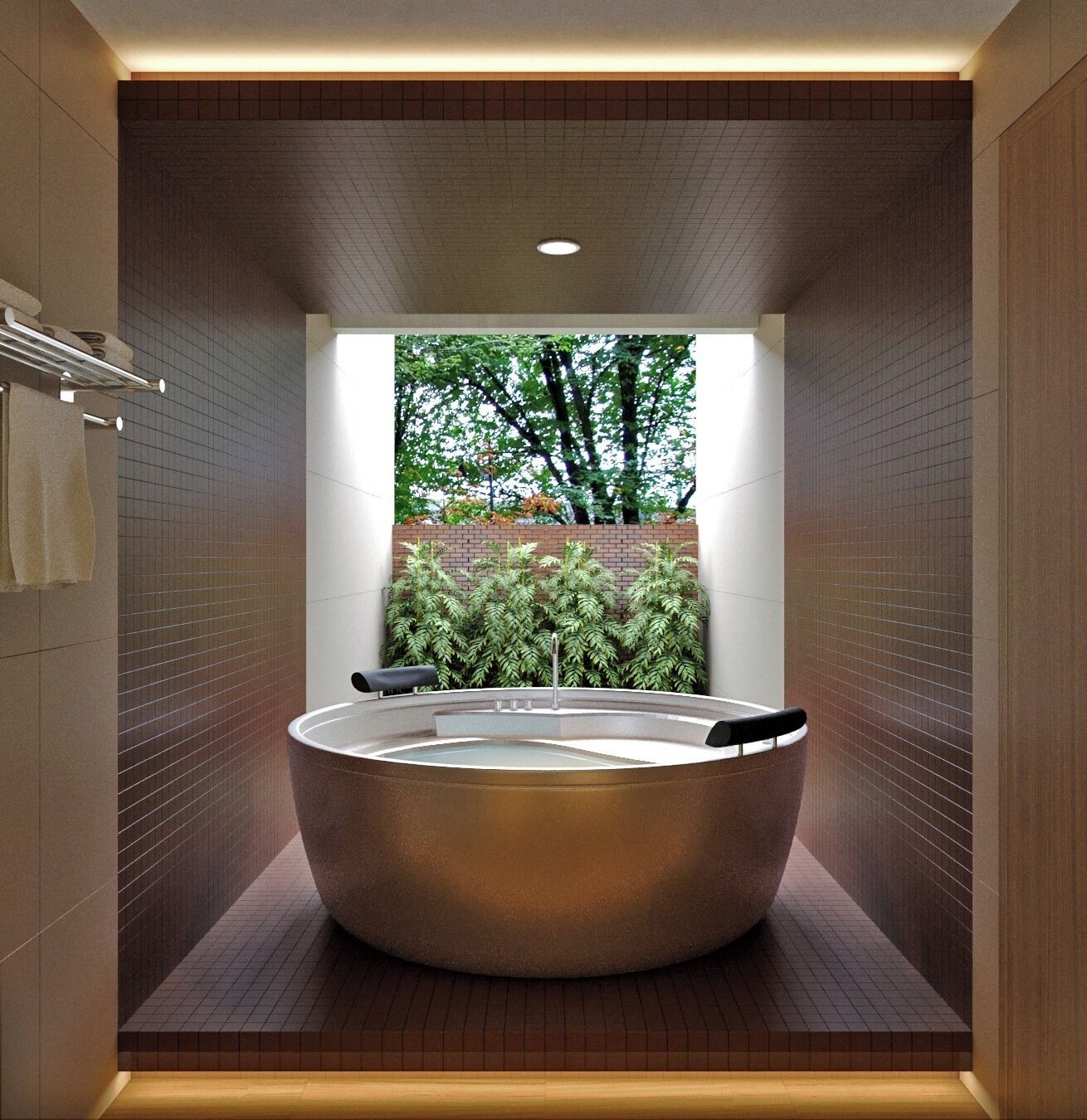 A modern bathroom with a large, round bathtub, a towel rack, and a view of greenery outside.