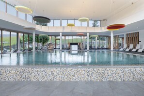 Indoor pool, outdoor pool, sun loungers