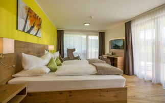 Habitación de hotel con una cama grande, un escritorio, un televisor y vistas al exterior.